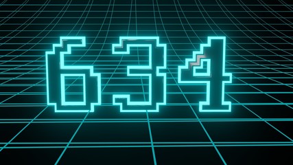 Number 634 in neon glow cyan on grid background, isolated number 3d render