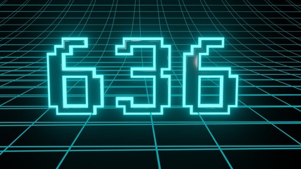 Number 636 in neon glow cyan on grid background, isolated number 3d render