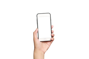 Closeup shot of a woman showing mobile phone isolated on white background. Female hand holding a modern smartphone. Hand showing a white phone's screen.