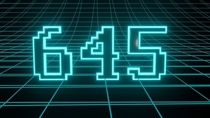 Number 645 in neon glow cyan on grid background, isolated number 3d render