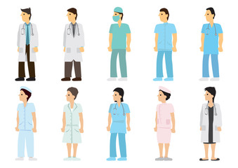 Set of medical staffs including nurses and doctors.