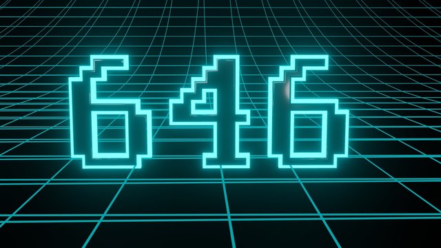 Number 646 in neon glow cyan on grid background, isolated number 3d render