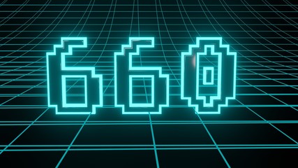 Number 660 in neon glow cyan on grid background, isolated number 3d render