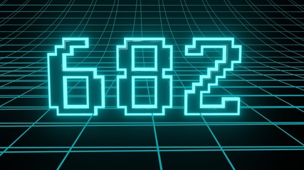 Number 682 in neon glow cyan on grid background, isolated number 3d render