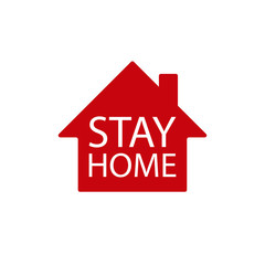 Stay home text with house icon. Coronavirus pandemic symbol. Influenza virus epidemic logo. Sars Covid-19 sign. Isolated on white background. Vector illustration image.