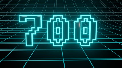 Number 700 in neon glow cyan on grid background, isolated number 3d render