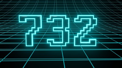 Number 732 in neon glow cyan on grid background, isolated number 3d render