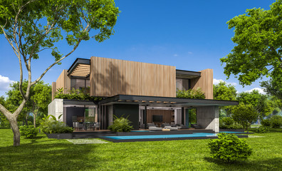 Fototapeta na wymiar 3d rendering of modern cozy house with parking and pool for sale or rent with wood plank facade and beautiful landscaping on background. Clear sunny summer day with blue sky.