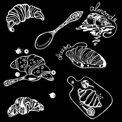 Set of croissants isolated on a black background. Vector illustration. Chocolate croissant, vanilla croissant, cream croissant.