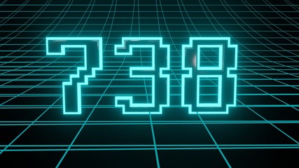 Number 738 in neon glow cyan on grid background, isolated number 3d render © Simon