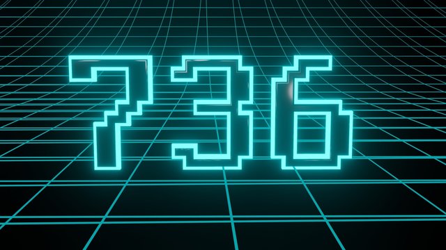 Number 736 in neon glow cyan on grid background, isolated number 3d render