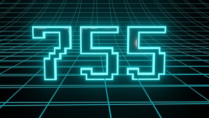 Number 755 in neon glow cyan on grid background, isolated number 3d render