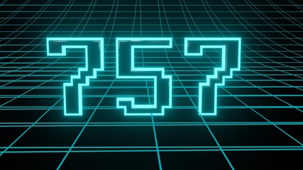 Number 757 in neon glow cyan on grid background, isolated number 3d render