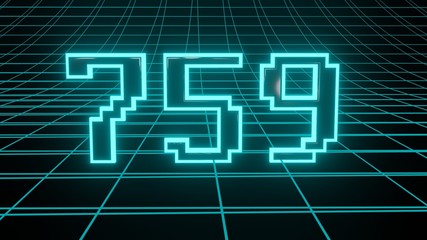 Number 759 in neon glow cyan on grid background, isolated number 3d render