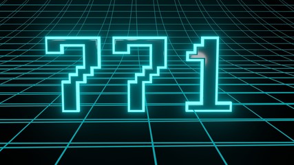 Number 771 in neon glow cyan on grid background, isolated number 3d render