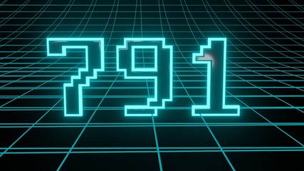 Number 791 in neon glow cyan on grid background, isolated number 3d render