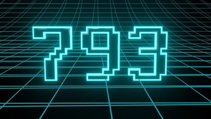 Number 793 in neon glow cyan on grid background, isolated number 3d render