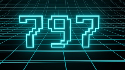 Number 797 in neon glow cyan on grid background, isolated number 3d render