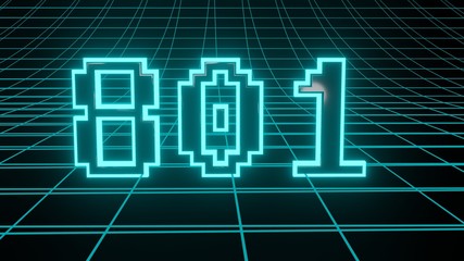 Number 801 in neon glow cyan on grid background, isolated number 3d render