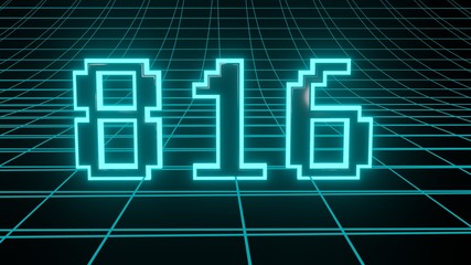 Number 816 in neon glow cyan on grid background, isolated number 3d render