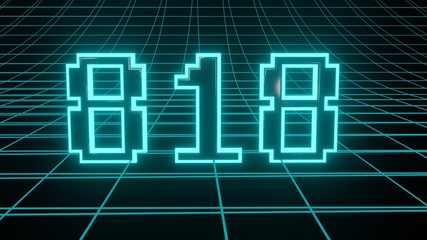 Number 818 in neon glow cyan on grid background, isolated number 3d render