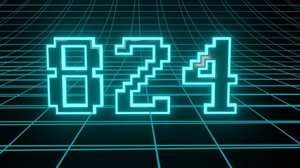 Number 824 in neon glow cyan on grid background, isolated number 3d render