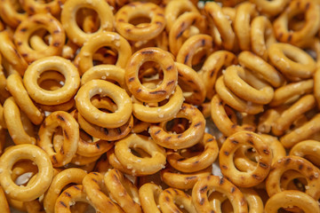 Baked round sushki sprinkled with salt. Traditional snack in Russia