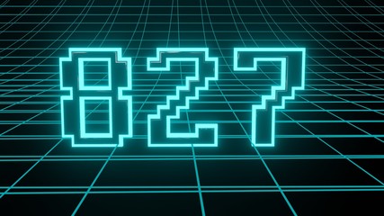 Number 827 in neon glow cyan on grid background, isolated number 3d render