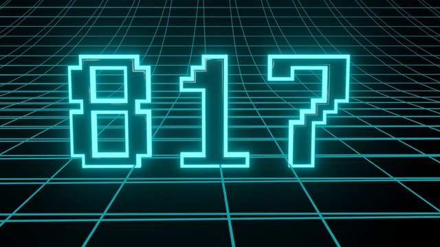 Number 817 in neon glow cyan on grid background, isolated number 3d render
