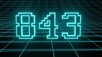Number 843 in neon glow cyan on grid background, isolated number 3d render
