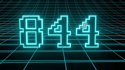 Number 844 in neon glow cyan on grid background, isolated number 3d render