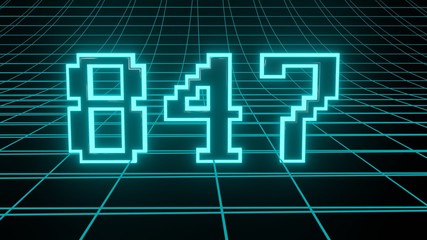 Number 847 in neon glow cyan on grid background, isolated number 3d render