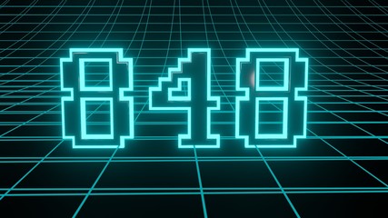 Number 848 in neon glow cyan on grid background, isolated number 3d render