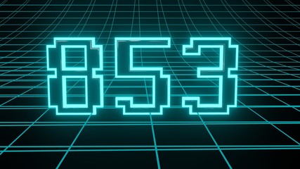 Number 853 in neon glow cyan on grid background, isolated number 3d render