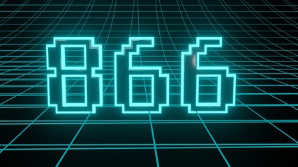 Number 866 in neon glow cyan on grid background, isolated number 3d render