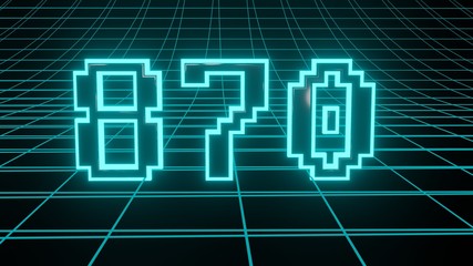 Number 870 in neon glow cyan on grid background, isolated number 3d render