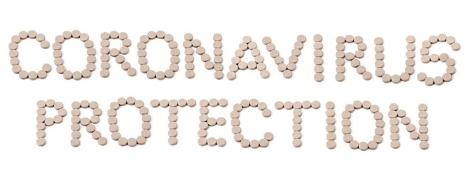 CORONAVIRUS PROTECTION - text made of pills