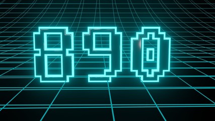 Number 890 in neon glow cyan on grid background, isolated number 3d render