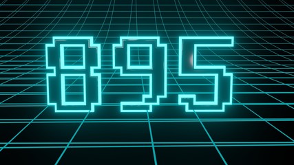 Number 895 in neon glow cyan on grid background, isolated number 3d render