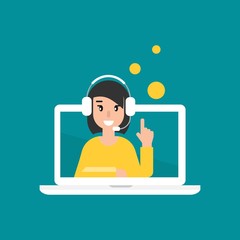 Happy operator on computer screen with headphones and microphone. flat vector illustration on blue background.