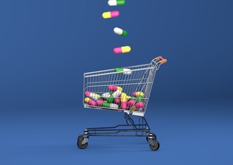 Shoping cart filled with antibiotics capsule pills. Top view. On blue background. 3D Illustration