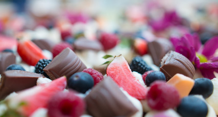 Close up of fruity chocolate cake with kind of fresh fruit and chocolate, food concept