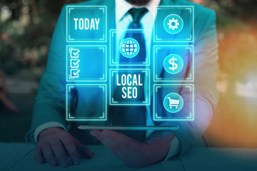 Conceptual hand writing showing Local Seo. Concept meaning helps businesses promote products and...