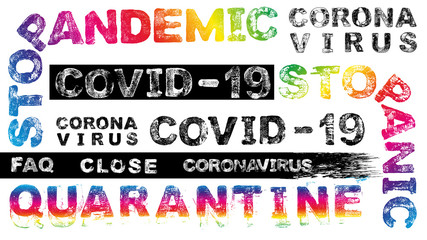 set of words of coronavirus covid-19 theme, letters with grunge effect, vector EPS10