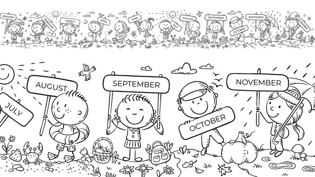 Children with months signs and changing weather and seasons, a long horizontal border or frame, coloring page