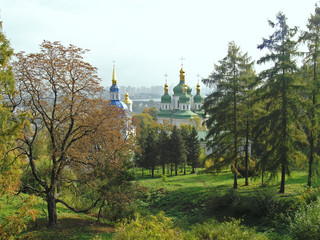 View of the Botanical Garden and Vydubetsky Monastery in Kiev on an autumn day
