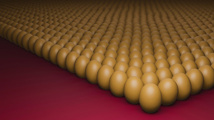 Many raw brown chicken eggs exhibiting lined up in rows on Red floor background. Group Lots of Eggs. Graphic Design COPY SPACE Add text advertisement article content. 3D MODEL RENDERING ILLUSTRATION.