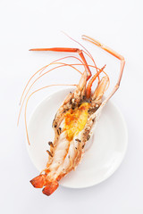 big prawn barbecue on white plate isolated on white background.