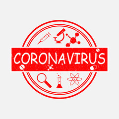 Coronavirus icon and round distressed stamp seal with Coronavirus text. Vector illustration