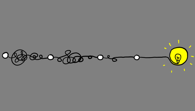 Simplifying the complex, confusion clarity or path vector idea concept with lightbulbs doodle illustration